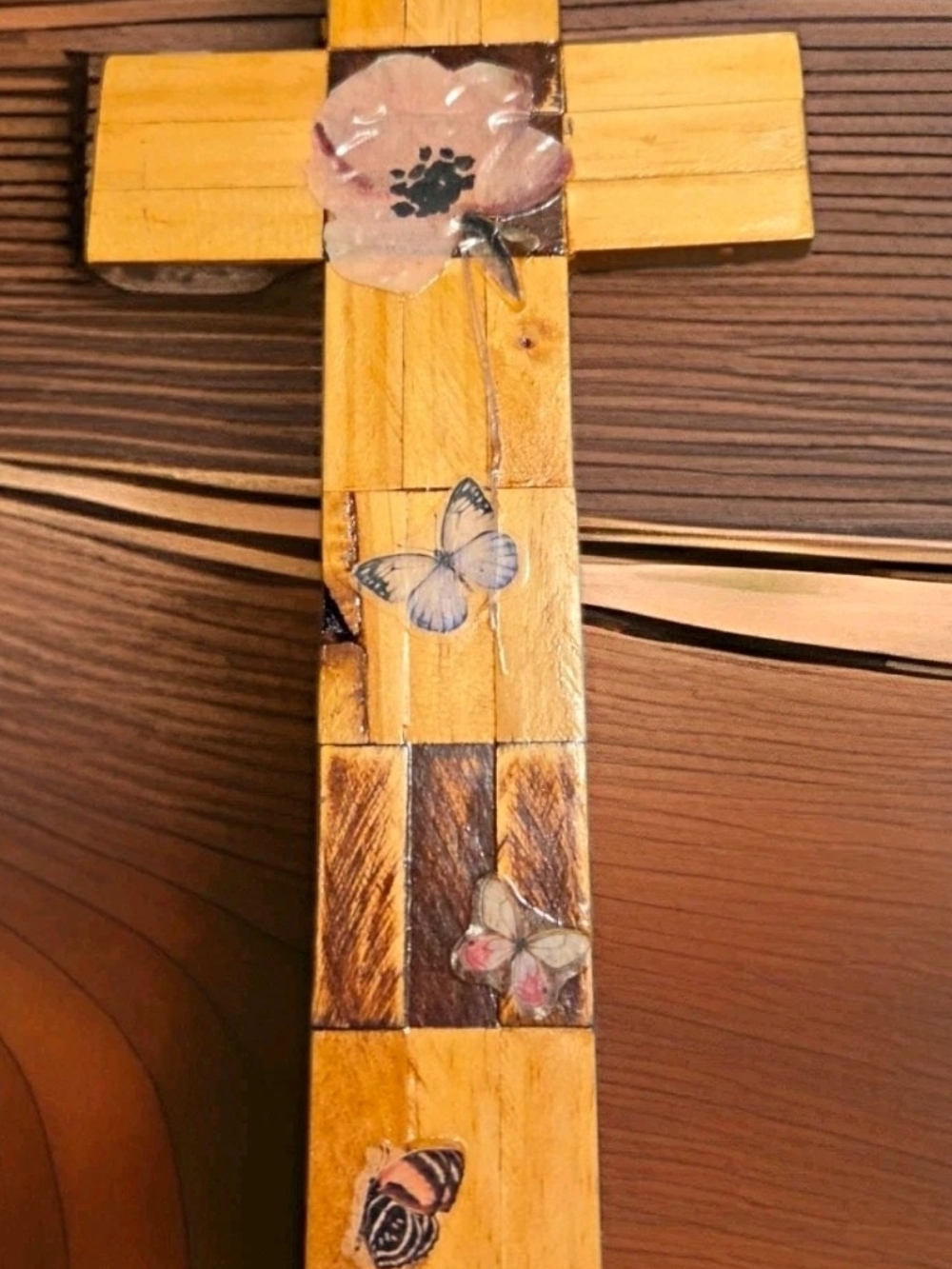 Handcrafted Wooden Cross Wall Art with Floral and Butterfly 11 1/2 L x 5 1/2 W